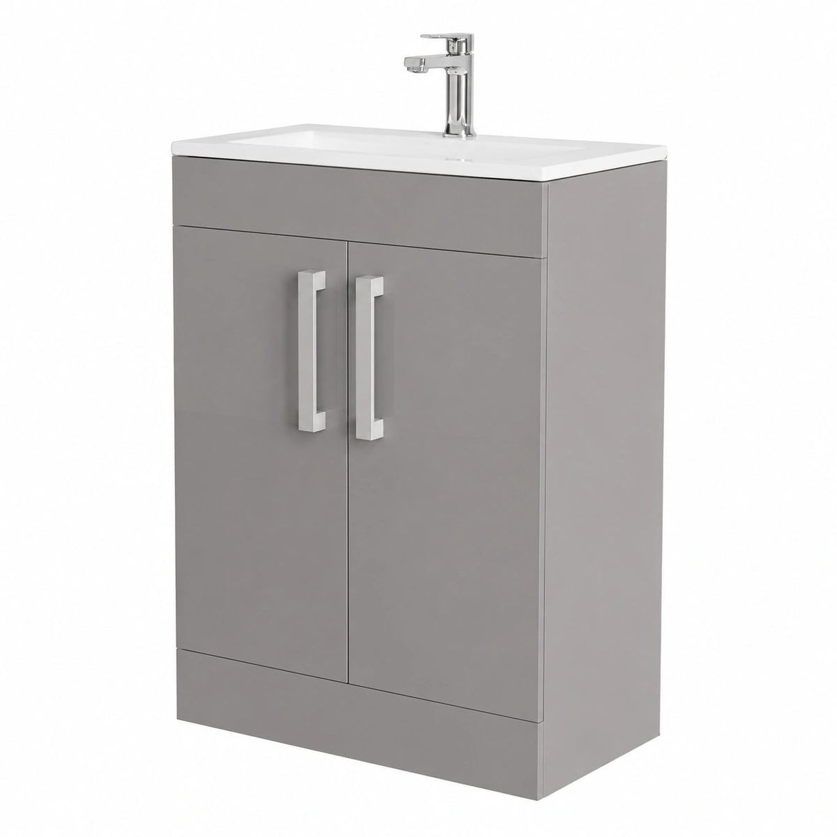 Mobiletto Bagno Da Terra Salvaspazio Da 60 cm In Legno MDF Grigio Lucido Linea Poket Con 2 Ante Dalla Chiusura Soft-Close E Ripiano Interno, Completo