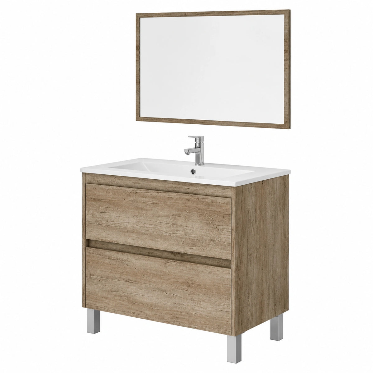 Mobile Bagno Con Lavabo In Ceramica E Specchio 80 cm Colore Quercia Con 2 Cassettoni Chiusura Ammortizzata Arredo Bagno Moderno 80 × 45 × 80 cm