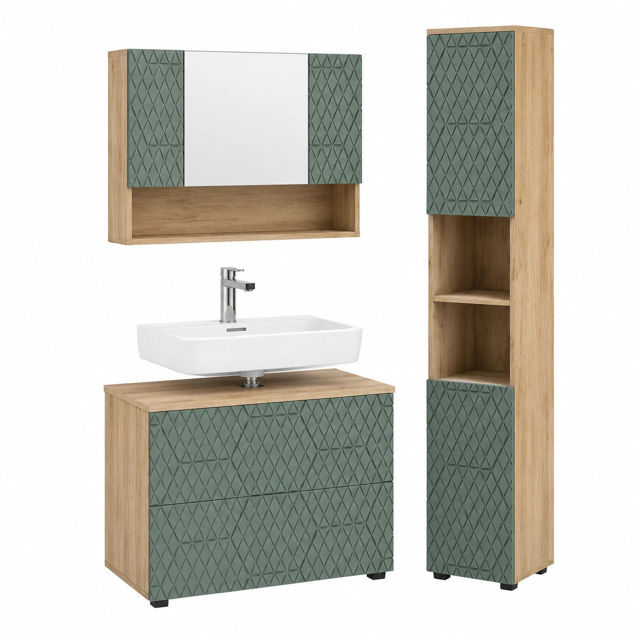 Livinity set mobili bagno Ronco, Quercia verde, oro, 3 pezzi, con mobile a specchio 80 cm