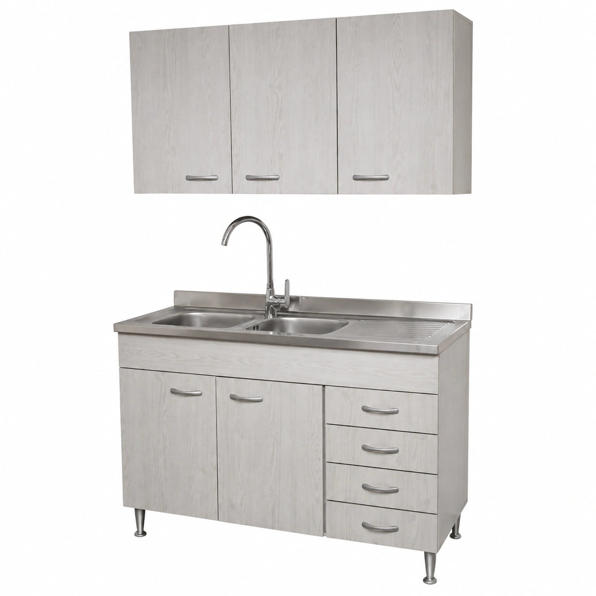 Mobile cucina sottolavello a 2 ante e cassettiera cm 120 effetto legno Frassino Moire componibile con lavello inox e scolapiatti Basic (Sottolavello
