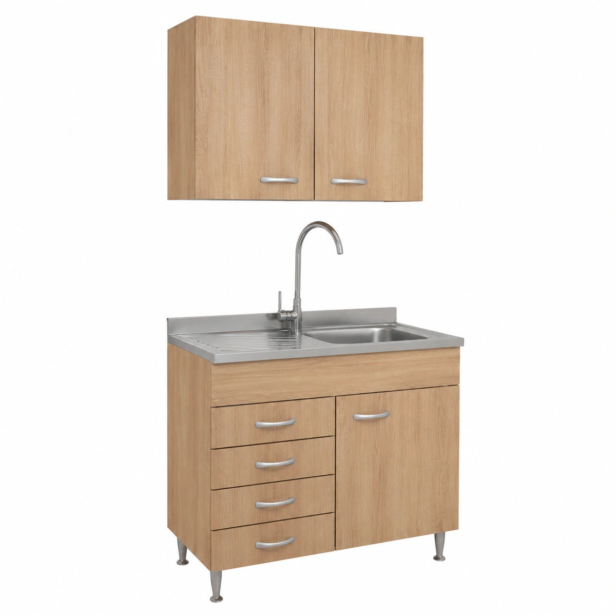 Mobile cucina sottolavello a 1 anta e cassettiera cm 80 effetto legno rovere well componibile con lavello inox e scolapiatti Basic (Sottolavello