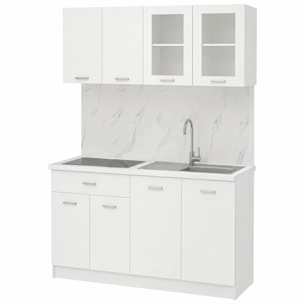Homgoday Moduli da Cucina, 140 cm, 4 Pezzi, set di Mobili in Truciolato Bianco, Armadio a Sospensione
