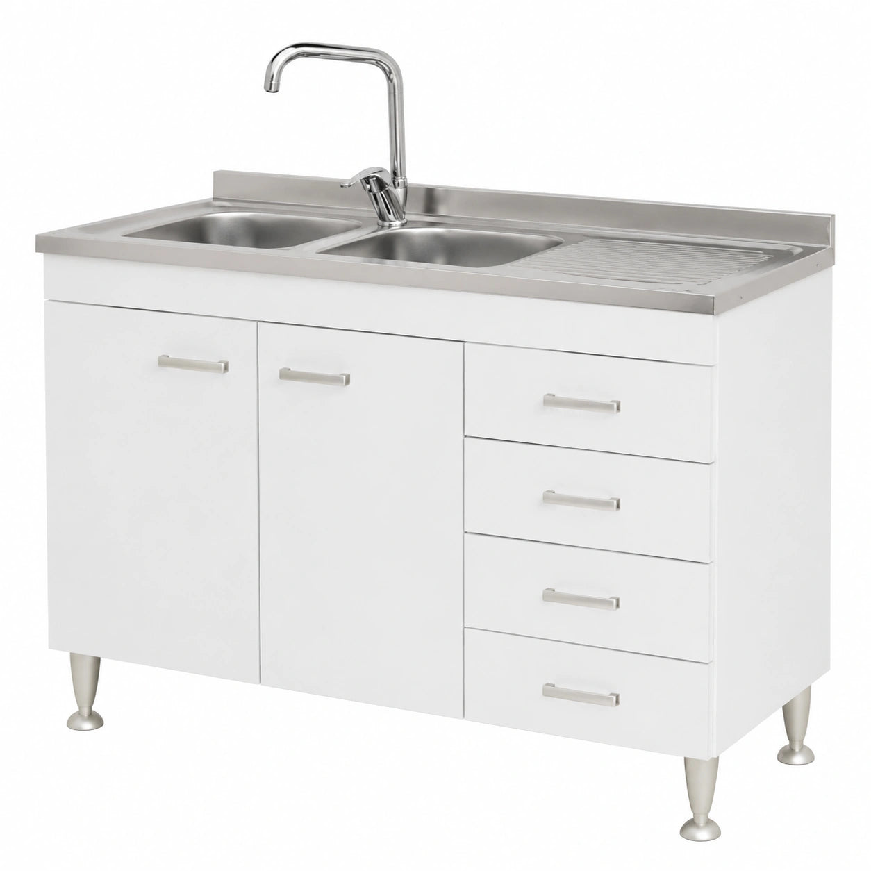 Mobile sottolavello cm 120 con cassettiera Completo di lavello Inox Serie Basic Colore Bianco (Versione DX)