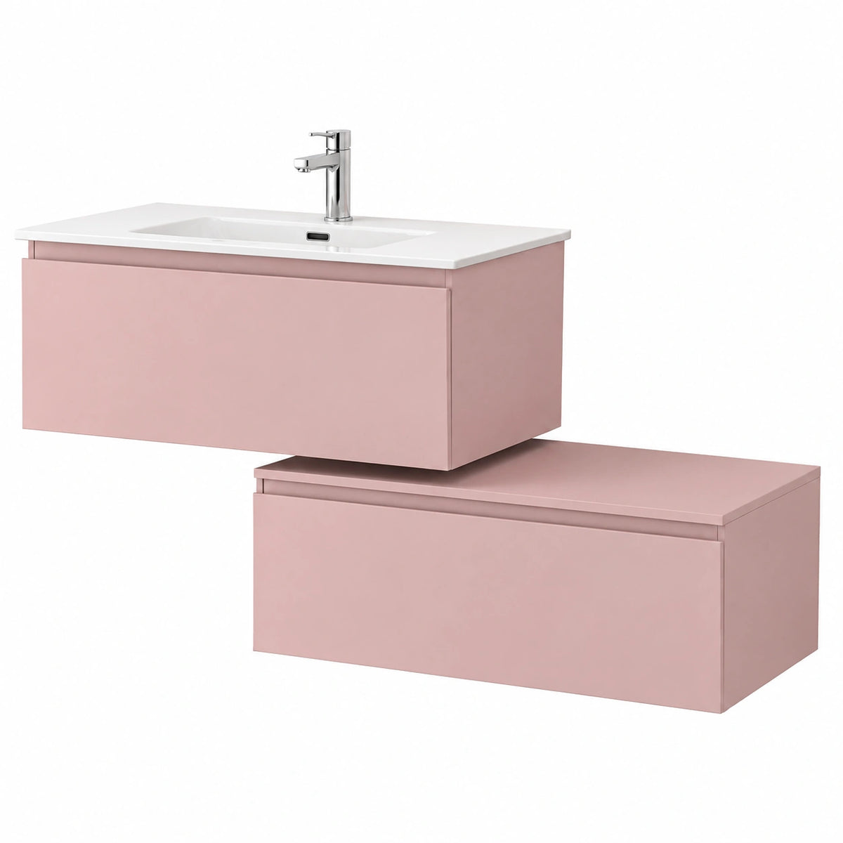Mobile Bagno Sospeso 90 cm Rosa Antico, Base Lavabo In Ceramica Con 2 Cassetti Soft-Close E Specchio Tondo Ø 80 cm, Linea Nuvola