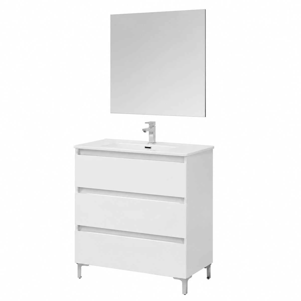 Mobile Bagno A Terra 80 cm Bianco Lucido Con 3 Cassetti Soft-Close, Lavabo In Ceramica, Mobile Bagno Completo Linea Leda