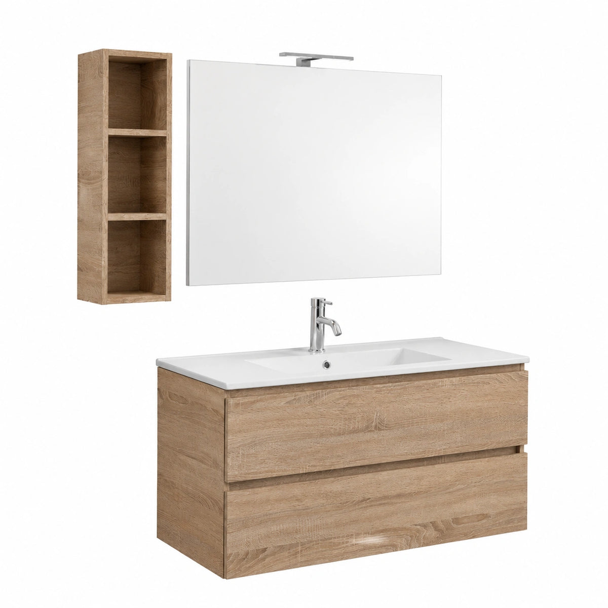 Mobile Bagno Sospeso 100 cm 2 Cassetti Rovere Berlin, Lavabo ceramica bianco, specchio 100 × 60 cm con lampada, chiusura rallentata, legno FSC