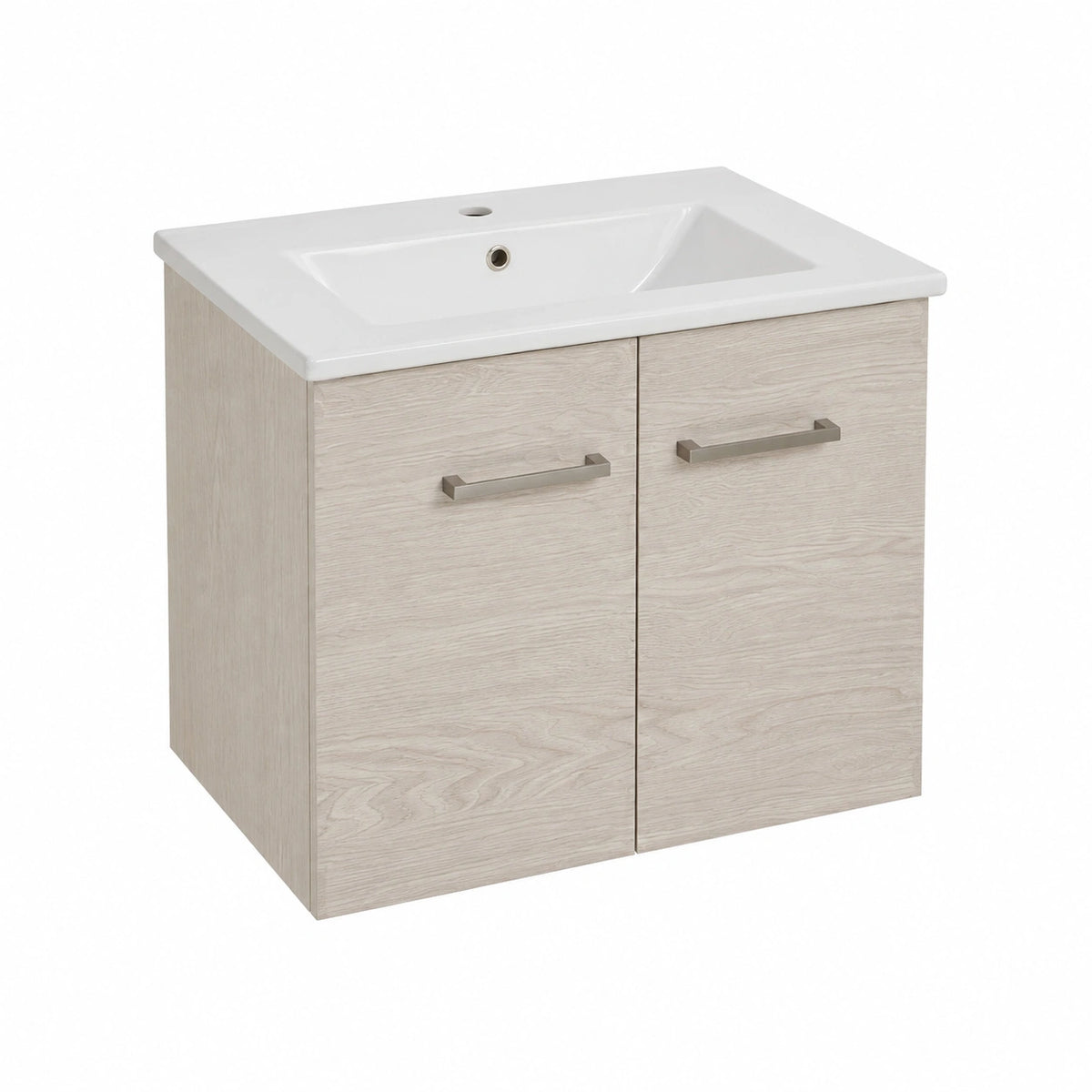 Mobile Bagno Sospeso 60 cm Rovere Bianco Con Specchio, Profondità 36 cm, lavabo in ceramica, 2 ante, portasalviette laterale