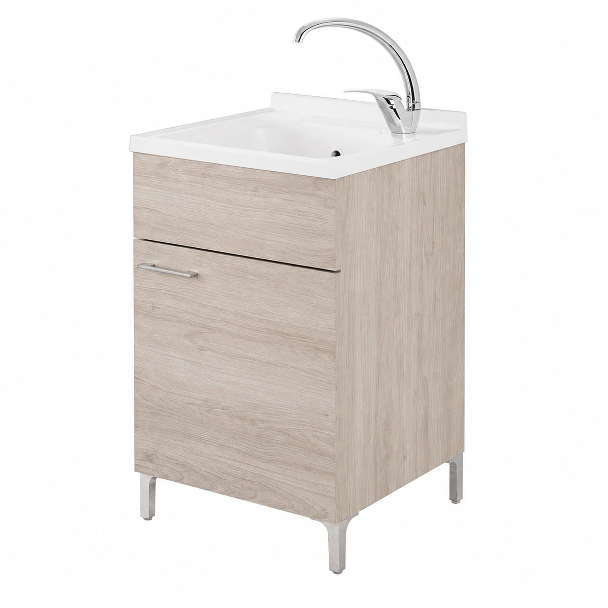 Mobile e vasca in Resina resistente agli acidi, Completo di ASSE di Lavaggio e Kit sifone + piletta (50 × 50 cm 1 Anta, Rovere Grigio)