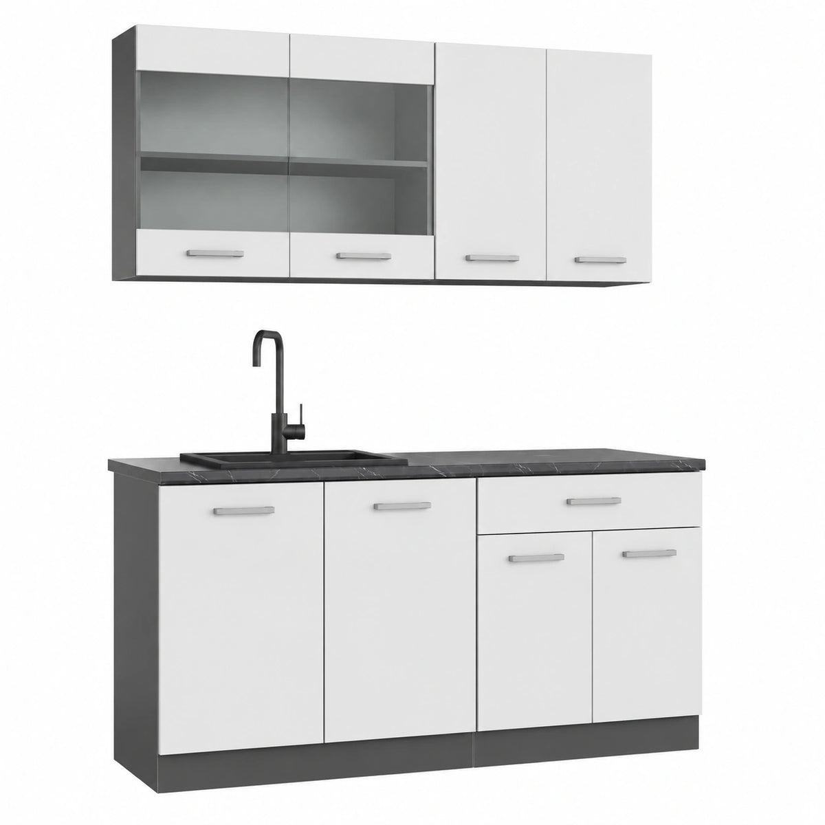 Vicco Cucina completa R-Line, Bianco lucido, 140 cm, 4 Moduli · Piedini regolabili in altezza · Senza piano di lavoro · Ante robuste · Con mobile