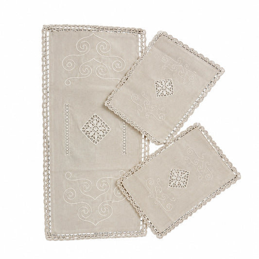 Corredocasa Completo set Centrini 3 Pezzi Piccolo 70 × 35 cm-25 × 36 cm Manifattura Italiana Misto Lino Ricamato a Mano (Centro Lino con Orlo a
