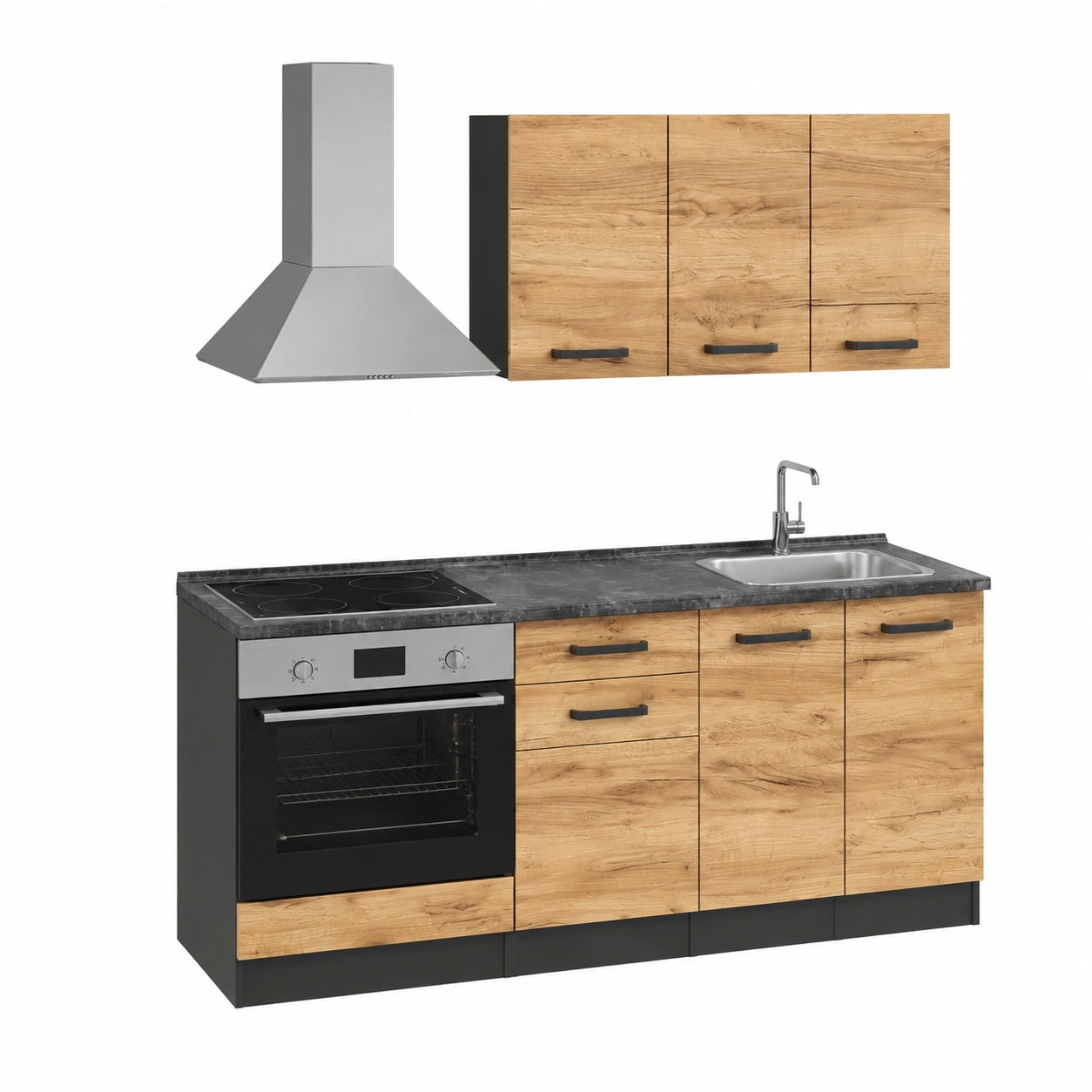 Vicco Cucina completa R-Line, Rovere dorato, antracite, 160 cm, con mobile forno incasso con piano di lavoro