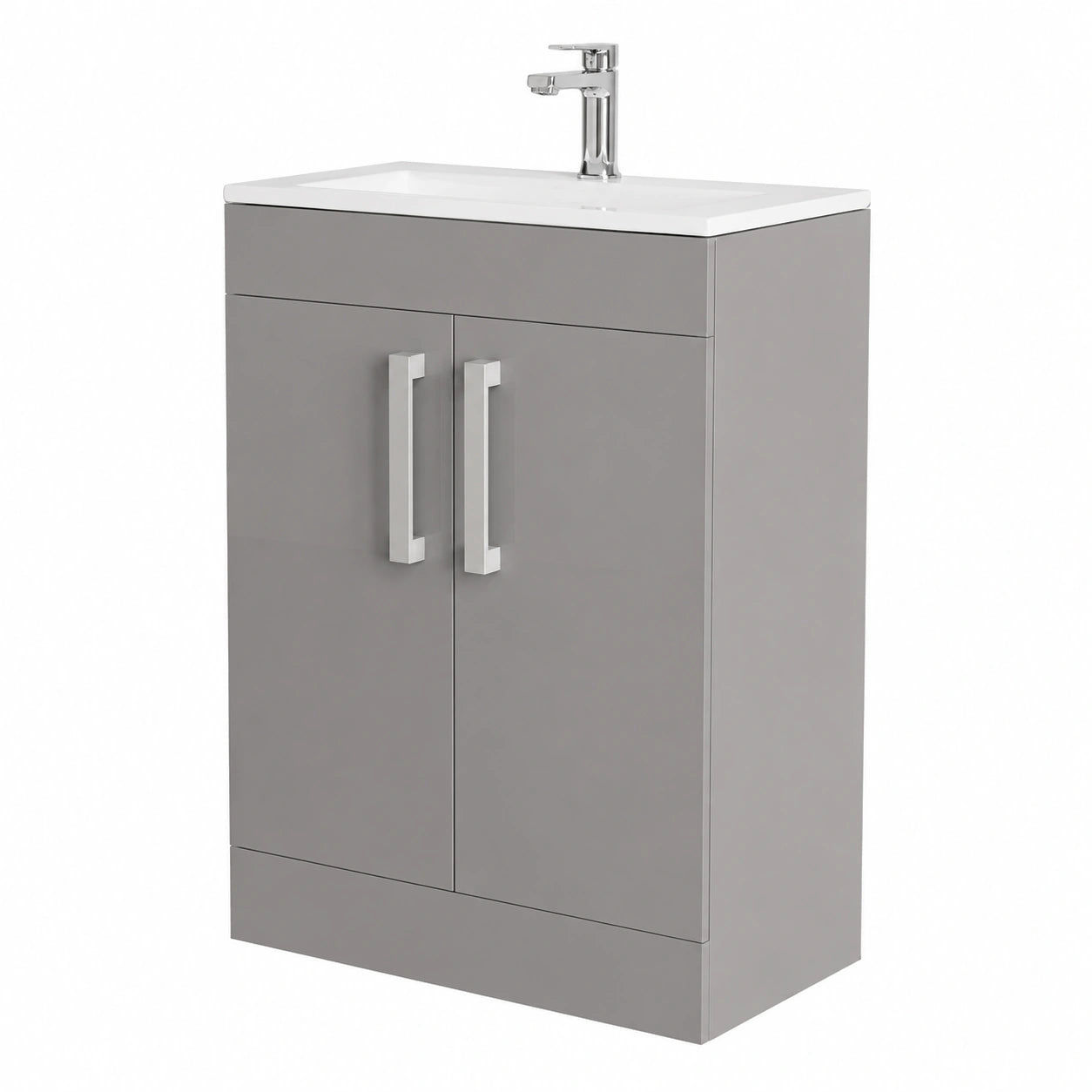 Mobiletto Bagno Da Terra Salvaspazio Da 60 cm In Legno MDF Grigio Lucido Linea Poket Con 2 Ante Dalla Chiusura Soft-Close E Ripiano Interno, Completo