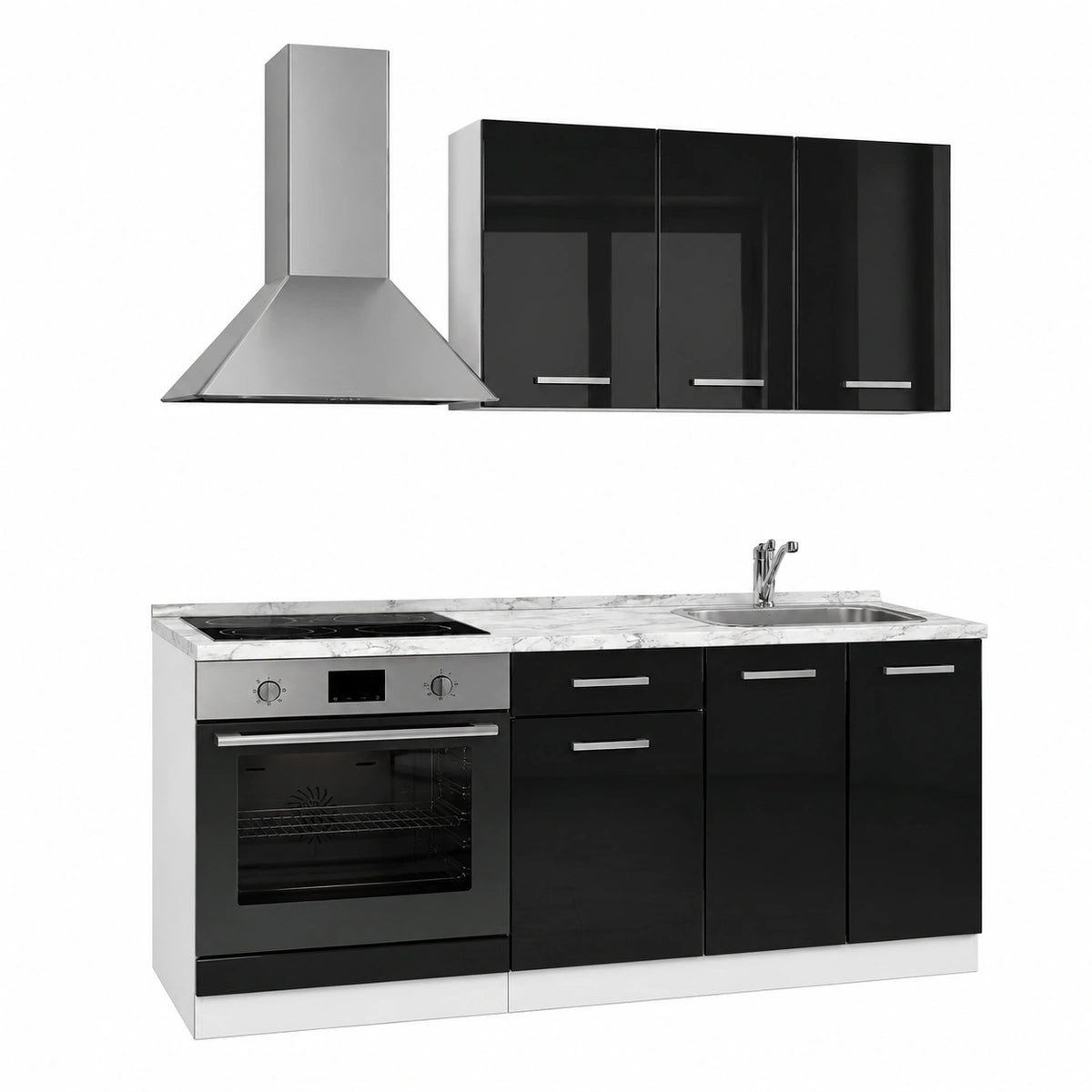 Vicco Cucina completa R-Line, Nero lucido, bianco, 160 cm, con mobile forno incasso con piano di lavoro