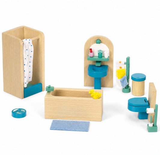 Goki 51903 - Mobili per casa delle bambole, bagno, 17 pezzi