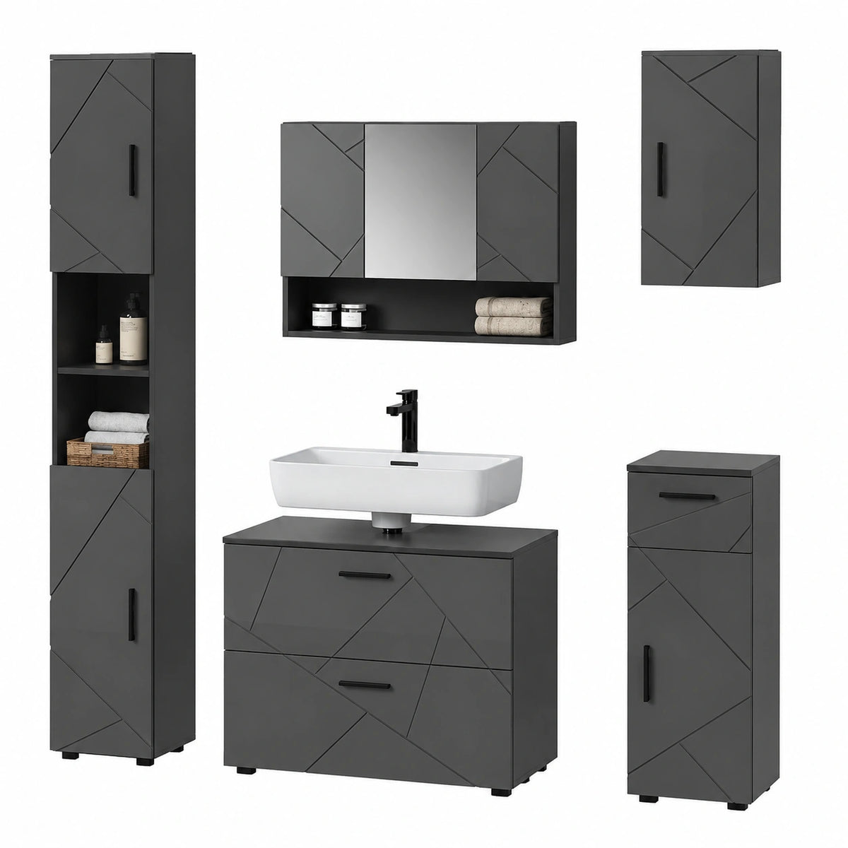 Livinity set mobili bagno Ronco, Antracite lucido, 5 parti