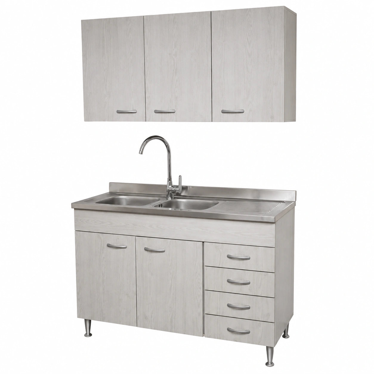 Mobile cucina sottolavello a 2 ante e cassettiera cm 120 effetto legno Frassino Moire componibile con lavello inox e scolapiatti Basic (Sottolavello