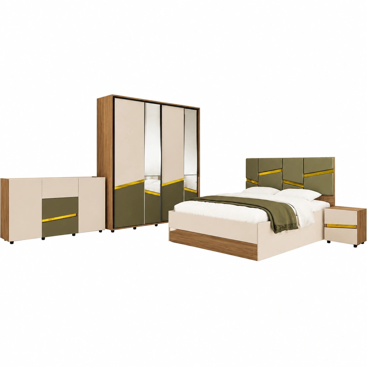 Letto Contenitore 160 × 200 cm, Sistema di Sollevamento, Comodini Integrati, Cassettiera e Armadio in Noce, Beige e Verde Oliva CDLU38 (Solo camera)