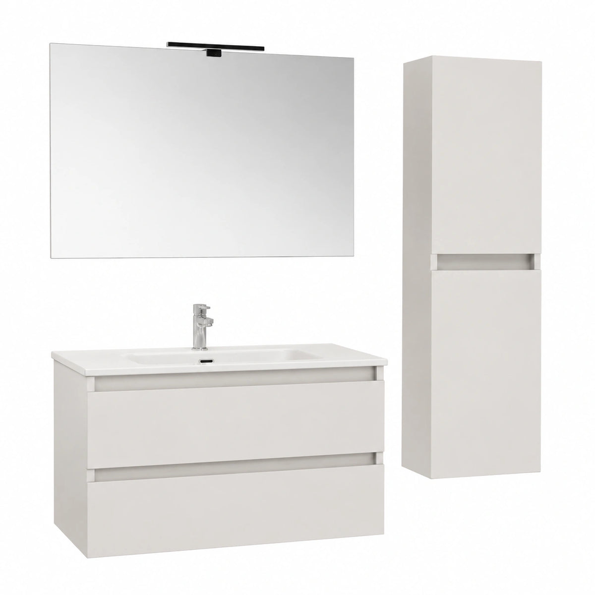 Mobile Bagno Sospeso 90 cm Rovere Bianco, Composizione Con Lavabo In Ceramica, 2 Cassettoni Soft-Close E Pensile Colonna 125 cm, Linea Nadia
