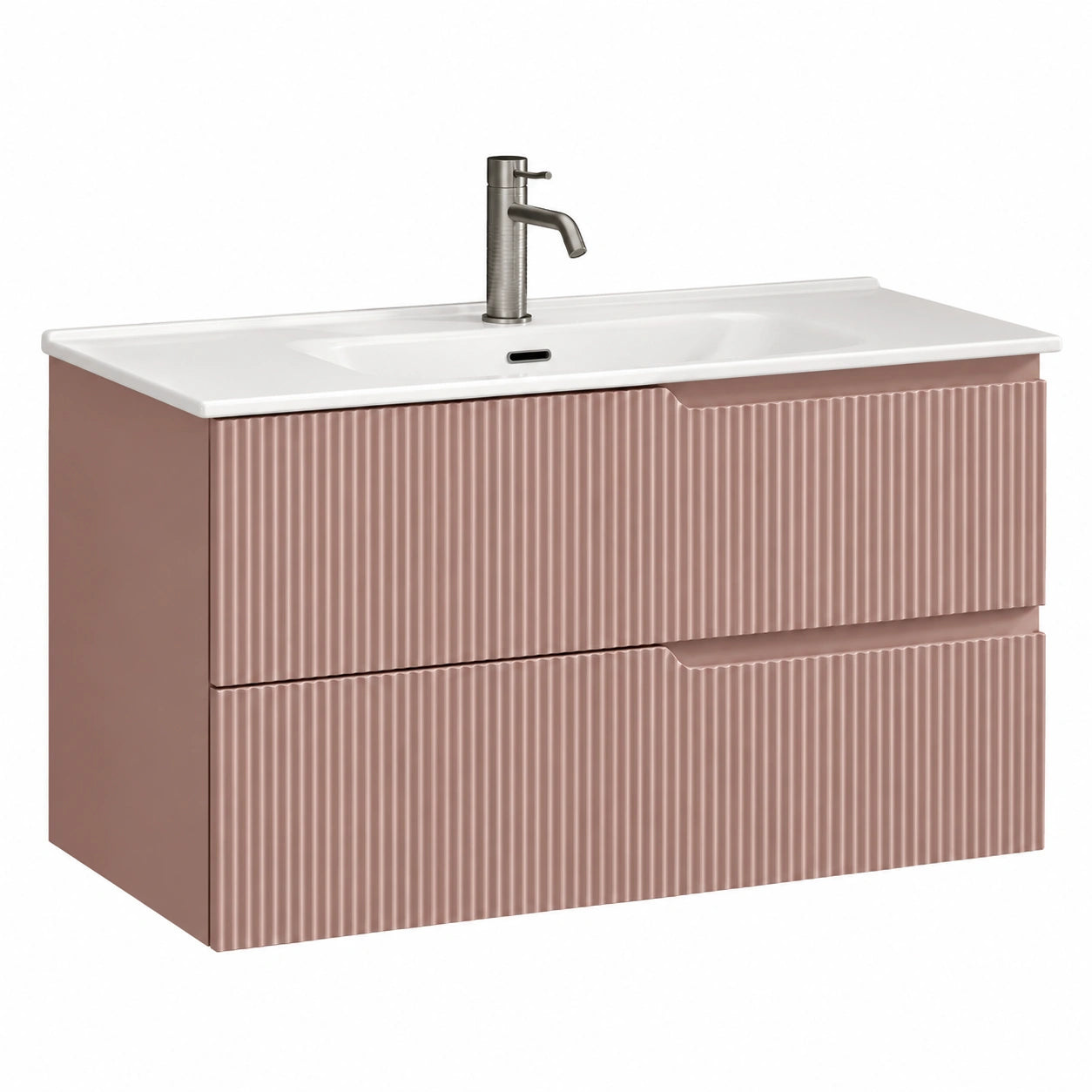 Mobile bagno composizione 4 pezzi, mobile bagno con lavabo, base sospesa con frontali in MDF cannettato, set mobili bagno nr2 cassetti - Rosa cipria