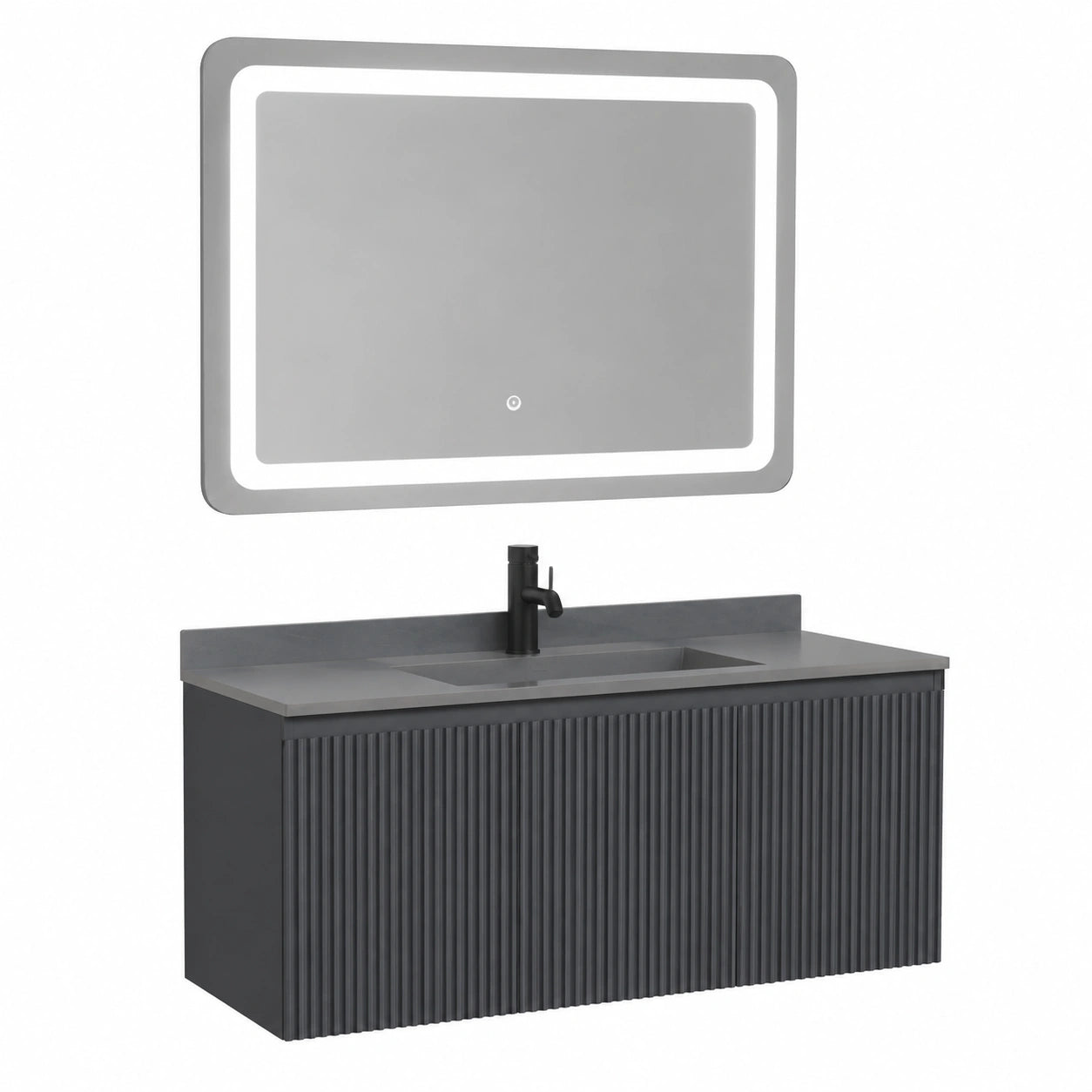 Mobile Bagno con Lavabo in Ceramica, Sospeso, con Specchio LED Touch Moderno, Lavandino Bagno con Mobiletto in Legno Cannettato e Ceramica, Mobile