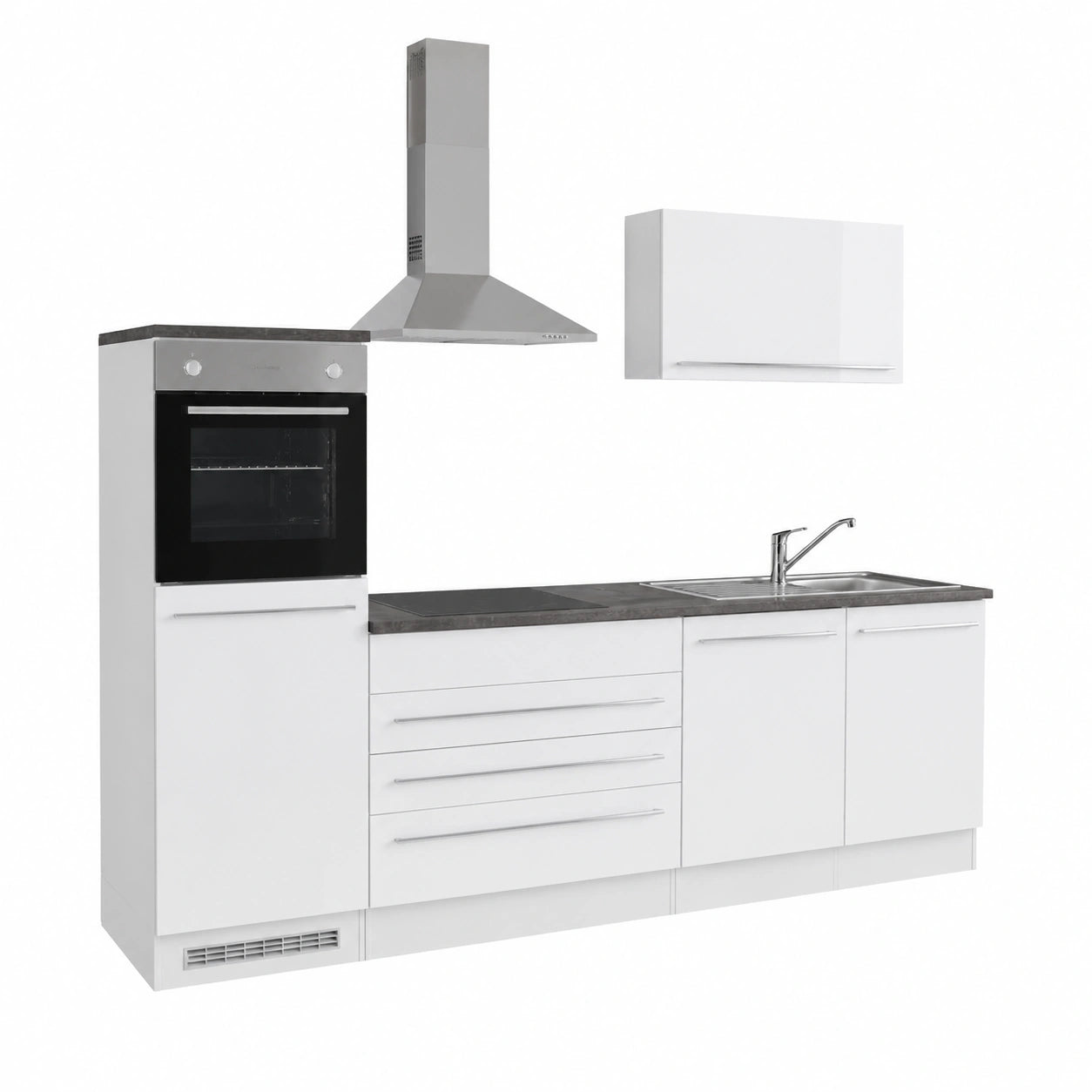 - Flussio - Cucina completa in laminato nel colore bianco lucido e Stone dark, composto da diversi elementi. Dimensioni ca. LAP 260 × 200 × 60cm