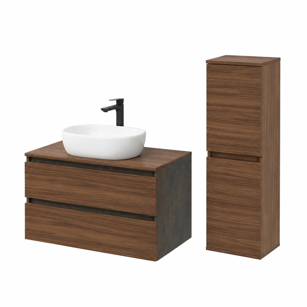Mobile bagno sospeso 100 cm ossido e noce canaletto con top, lavabo in appoggio e specchio reversibile 60 × 80 cm, KLEO