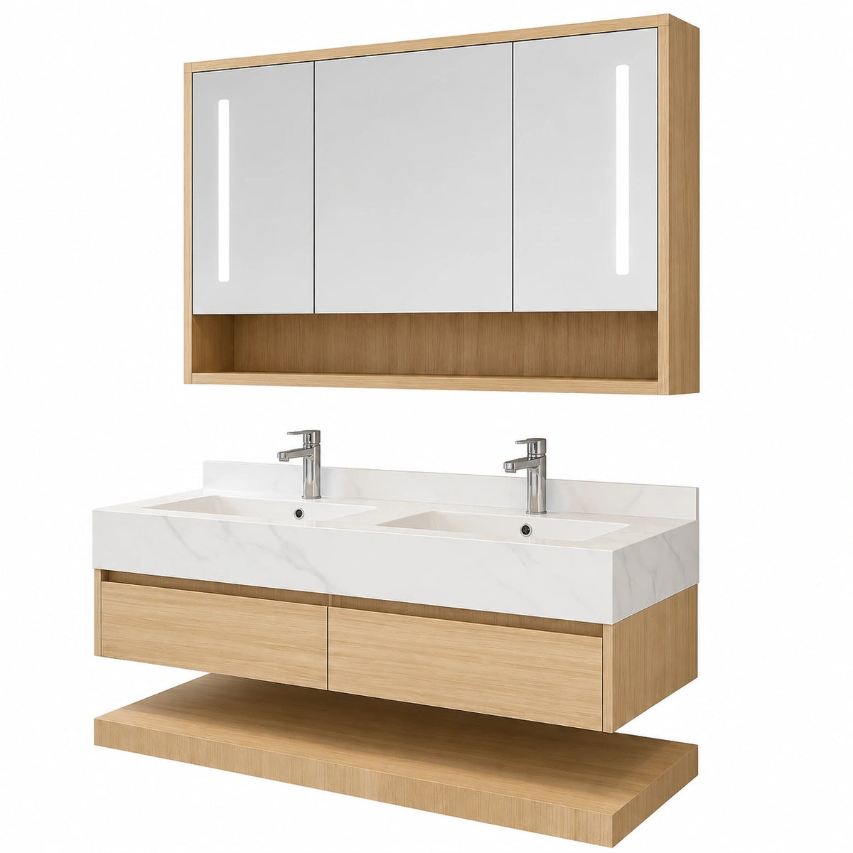 MOBILE BAGNO SOSPESO IN LEGNO BC009 DA 120 cm NOCE CHIARO CON 2 CASSETTI LAVABO BIANCO STRIATO IN CERAMICA E SPECCHIERA LED VETRO RISCALDABILE