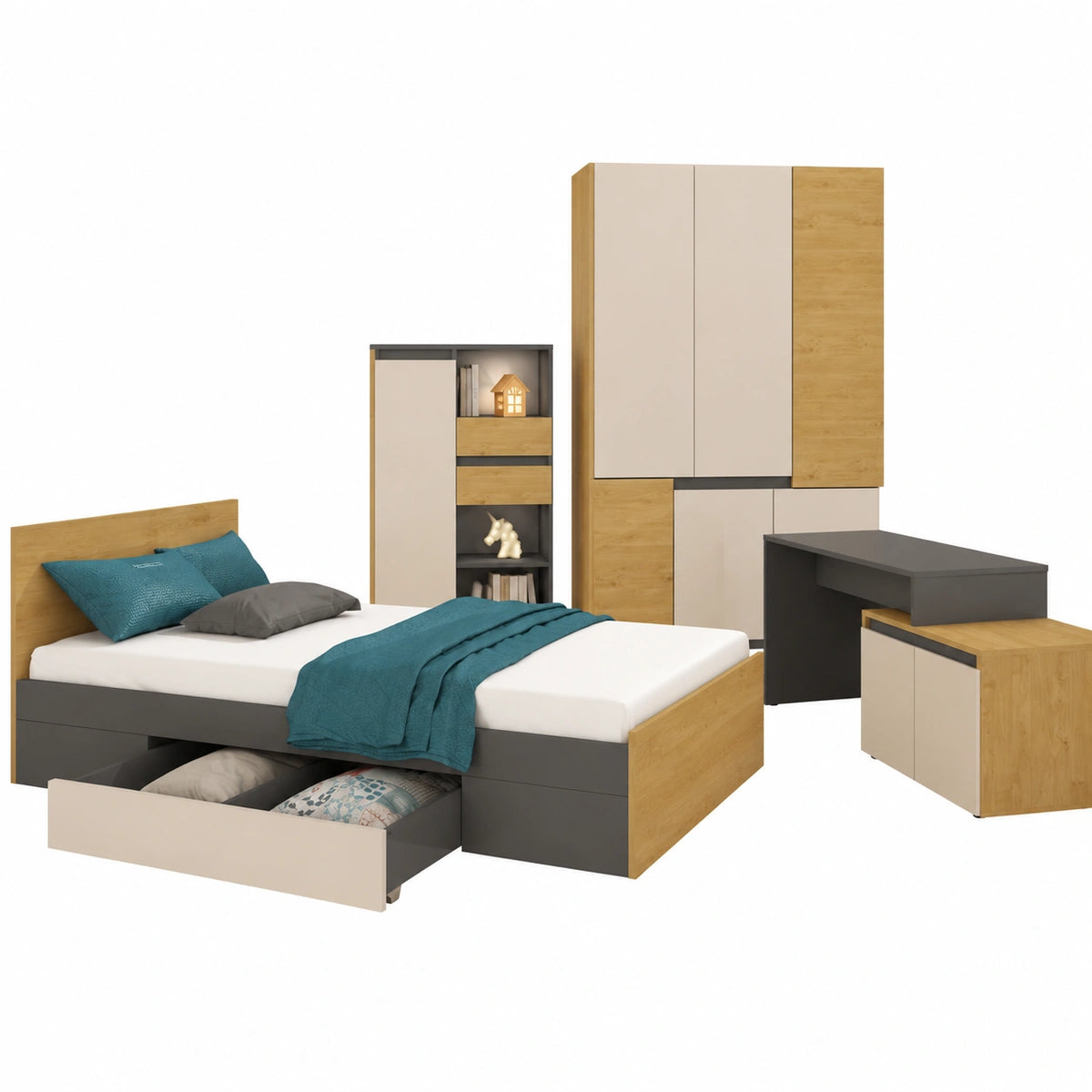 Letto con Cassetti 90 × 200 cm, Mobiletto, Armadio, Scrivania con Box, Ante Soft-close