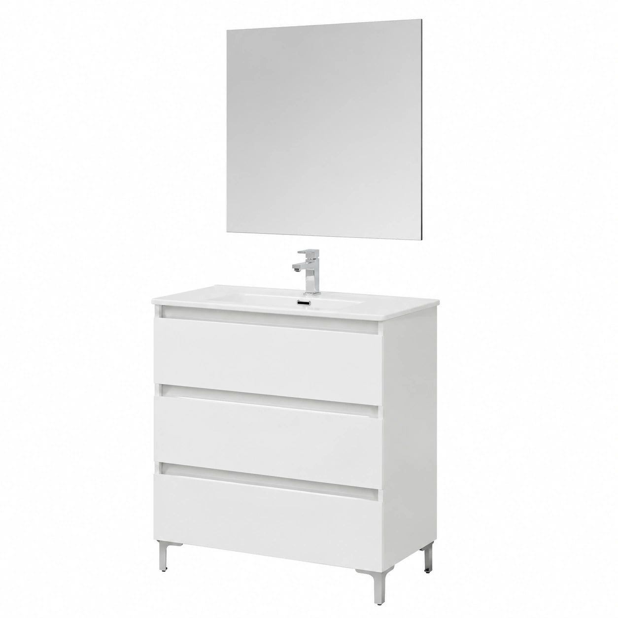 Mobile Bagno A Terra 80 cm Bianco Lucido Con 3 Cassetti Soft-Close, Lavabo In Ceramica, Mobile Bagno Completo Linea Leda