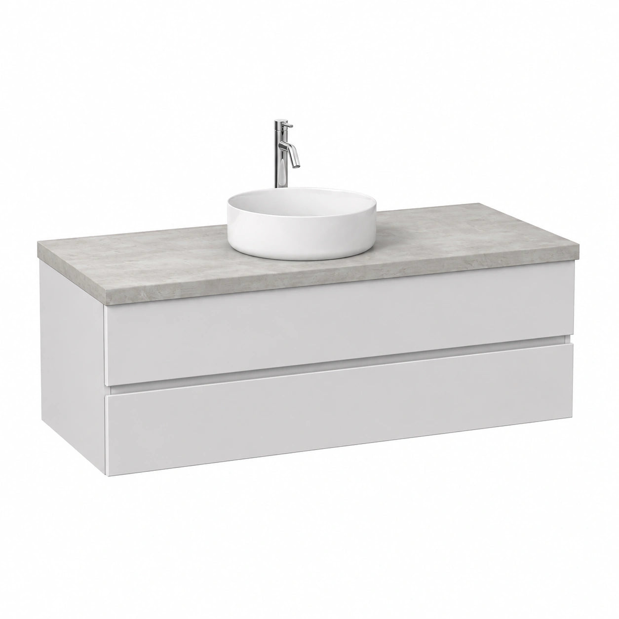 Mobile Bagno Sospeso 120 cm Bianco Export Top Beton, 2 cassetti soft close, top per lavabo da appoggio, specchio 120 × 60 cm e lampada inclusi
