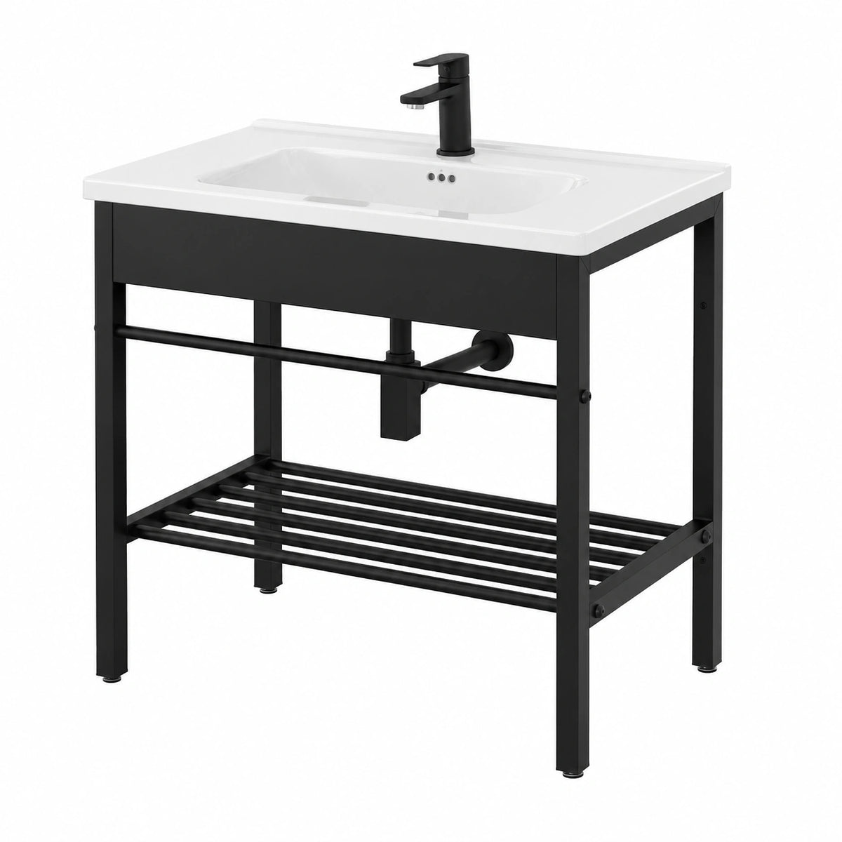 Mobile bagno a terra 80 cm nero opaco, stile industrial completo di lavandino e specchio reversibile, Borg (Larghezza 80 cm)